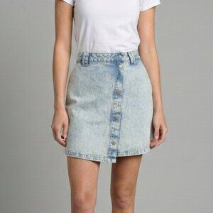 Ena Pelly Asymmetrical A-Line Denim Mini Skirt Button-Front 100% Cotton